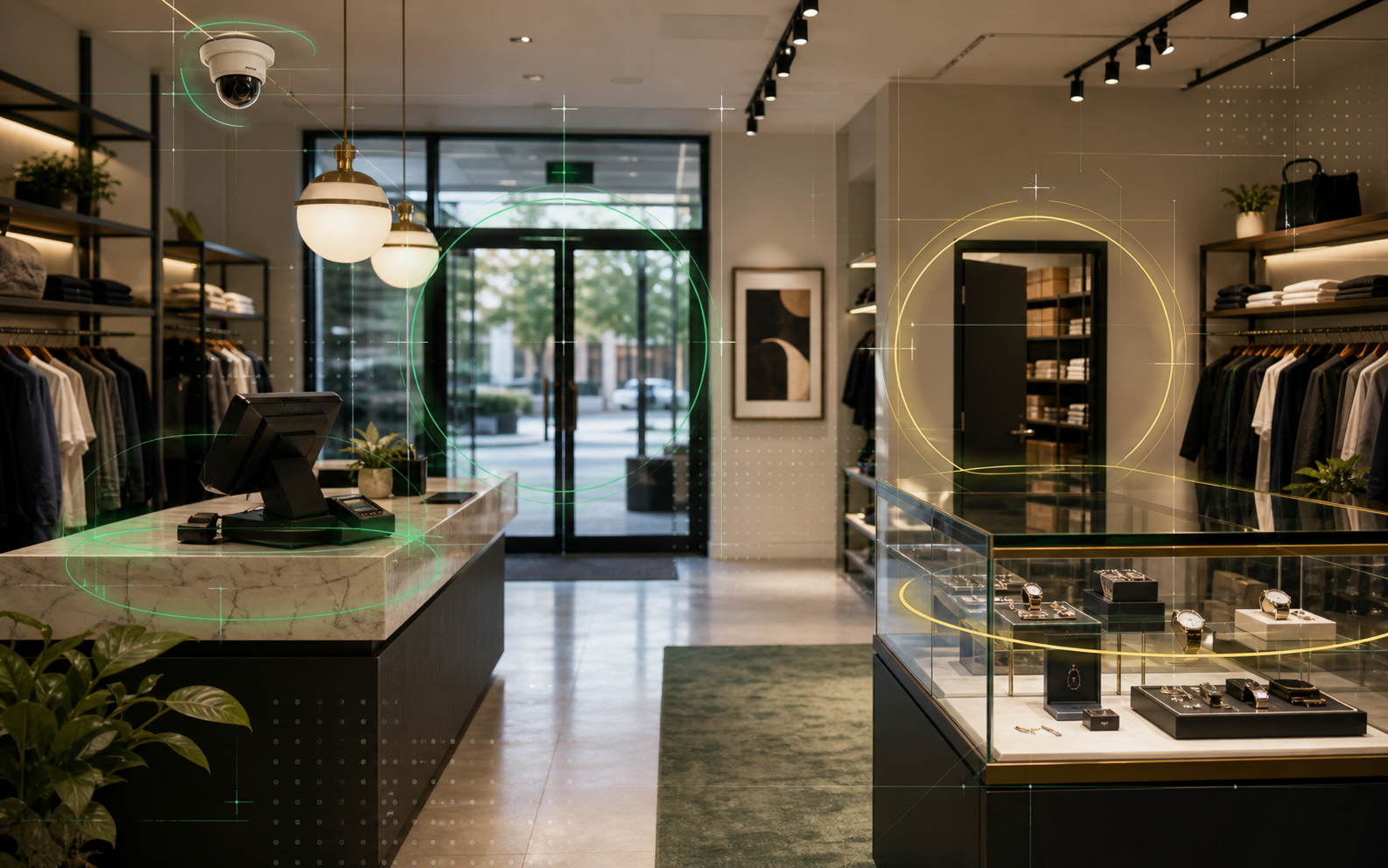 Retail store interior with scan highlights on high-risk areas