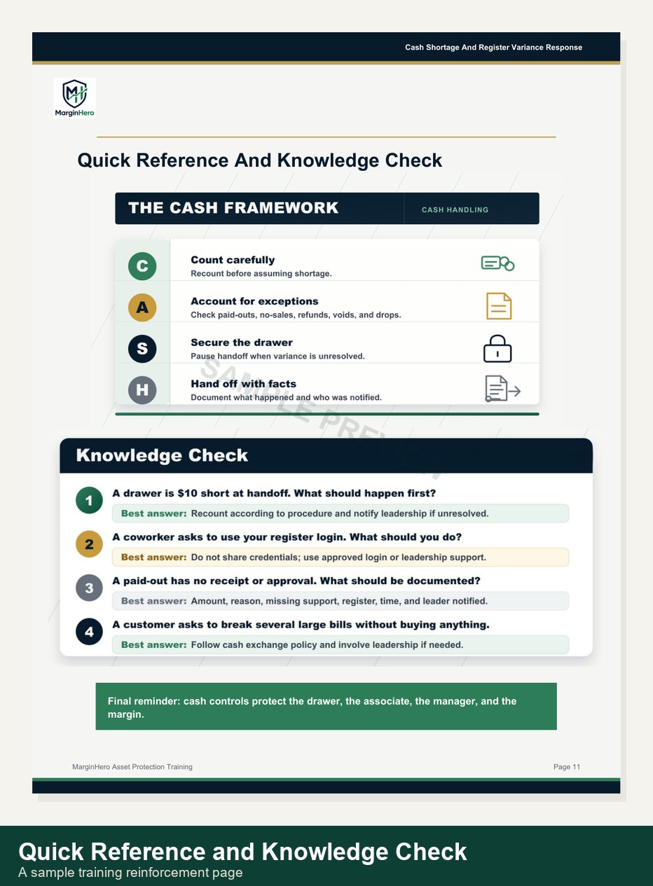 Quick reference and knowledge check page from the Cash Handling Control Pack