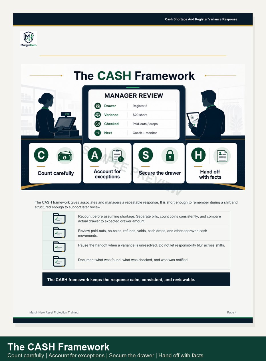 The CASH Framework sample page from the Cash Handling Control Pack