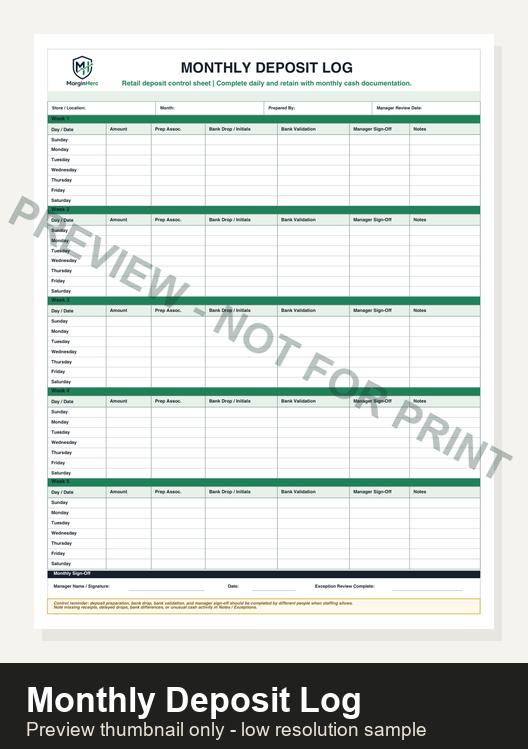 Monthly deposit log preview from the Cash Handling Control Pack