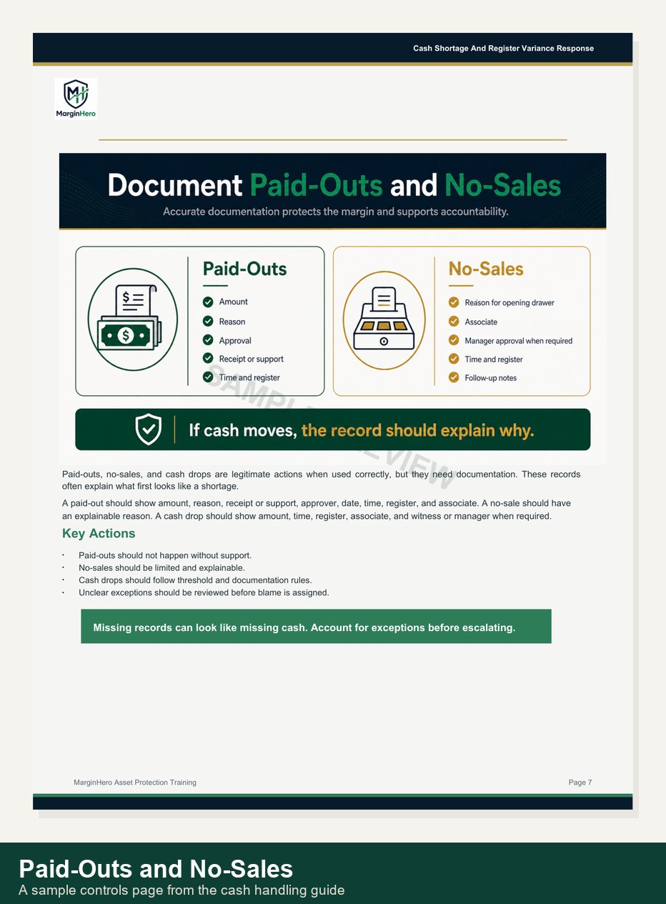 Paid-outs and no-sales sample controls page from the Cash Handling Control Pack